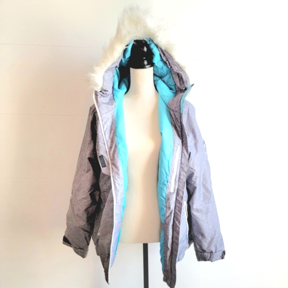 Unisex Decathlon Gray White Teal Removeable Fur Hooded Snow Jacket Sz L